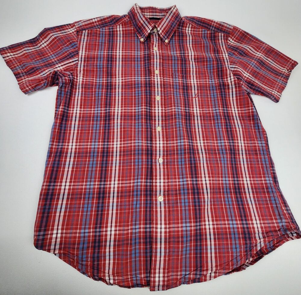 Nautica Men's L Red Blue Plaid Button Up Shirt Short Sleeve 100% Cotton Casual